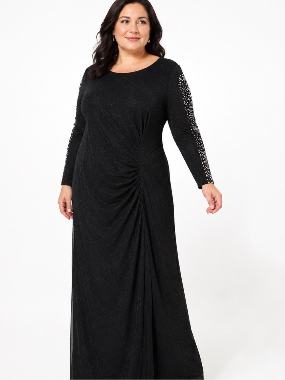 SLNY Black Black Beaded Long Sleeve Ruched Formal Evening Gown-size 14